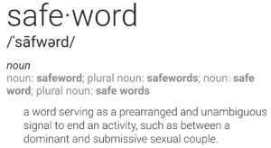 definition of safeword: a word serving as a prearranged and unambiguous signal to end an activity