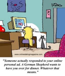 cartoon of cat reading response to dating ad