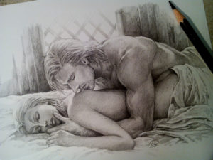 partial nude drawing of man laying over woman's back