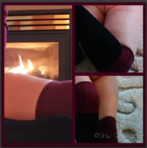 3-photo collage of nude woman wearing knee-socks/stockings by fireplace
