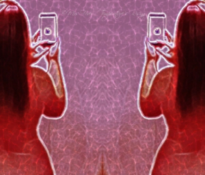 abstract mirrored/flipped half-body image of nude woman taking cell phone photo