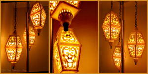 triptych showing golden-glow brass pole tension lamp