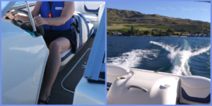 diptych of woman driving boat with wake behind