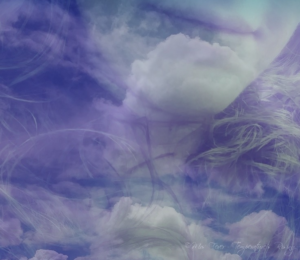 photo of smiling woman overlayed with faded image of clouds to depict daydreaming