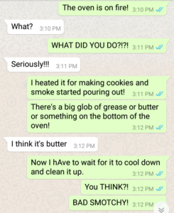 Whatsapp conversation about smoke pouring out of the oven