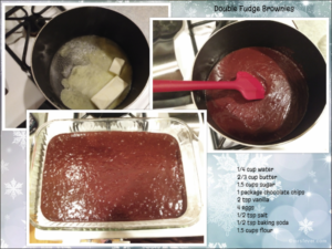 ingredients list and photos of prep for double fudge brownies