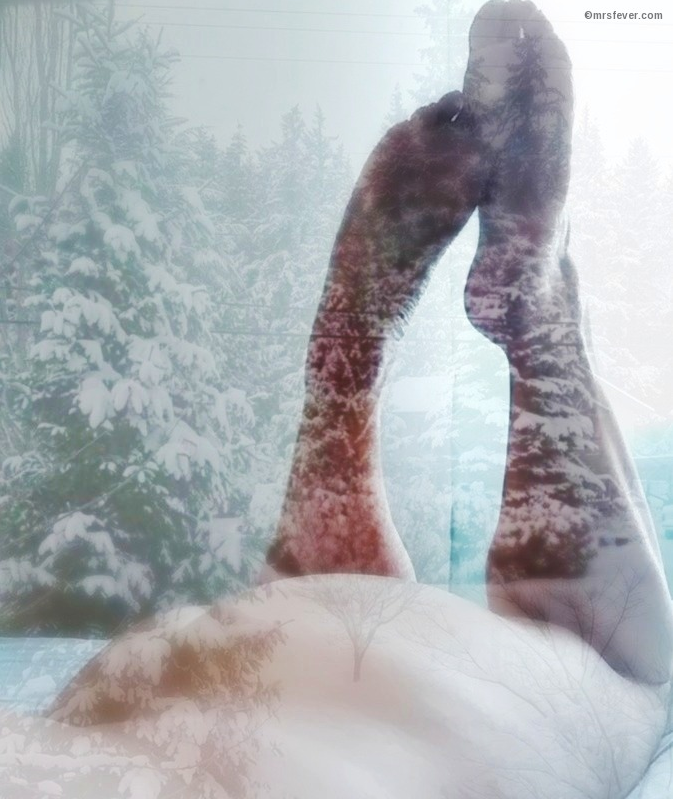 double exposure of woman's buttocks and bare up-kicked legs over winter scene