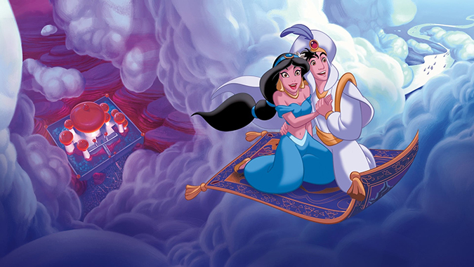 cartoon image of Aladdin and Jasmine on magic carpet