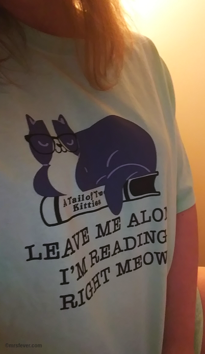 close-up of "reading right meow" t-shirt