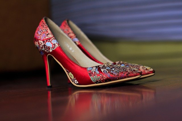 red silk embroidered high heel shoes -- from Pixabay