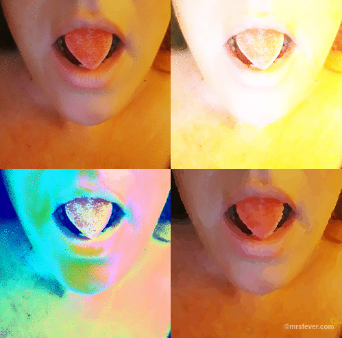 quad collage of candy heart in woman's mouth