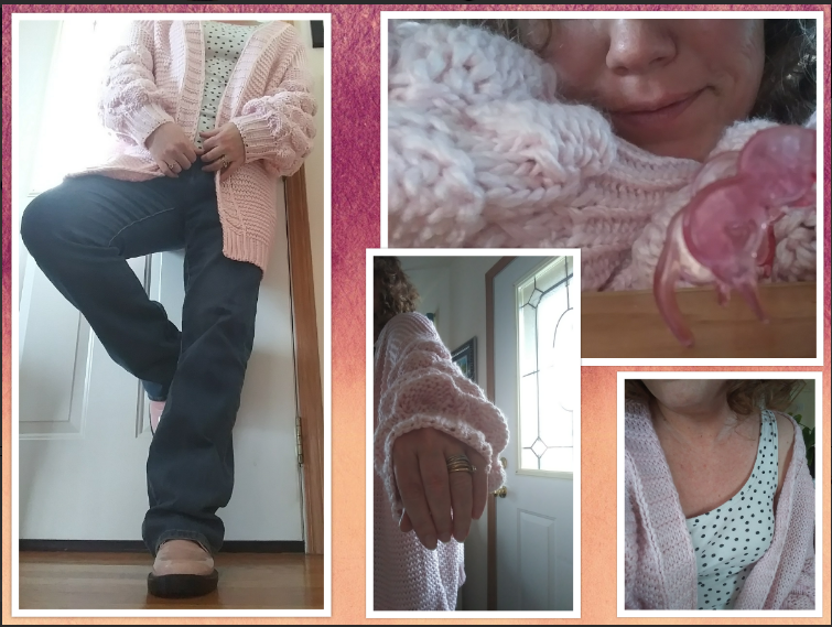 collage of oversized pink cardigan photos