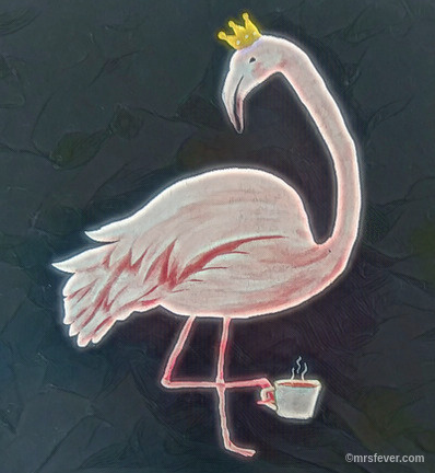 altered photo of T-shirt artwork featuring a flamingo wearing a queen's crown and holding a coffee cup