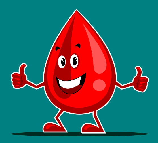 cartoon image of an animated blood drop, smiling and holding two thumbs up -- from Pixabay