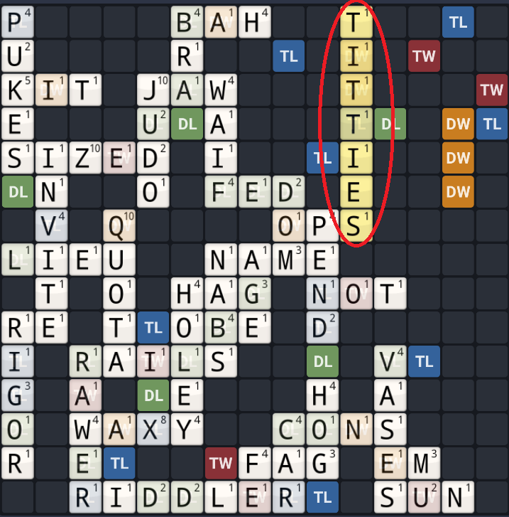 Wordfeud Scrabble board showing the winning word -- TITTIES -- for 91 points