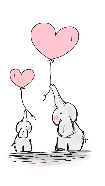 pixabay art: mother and baby elephant holding heart balloons